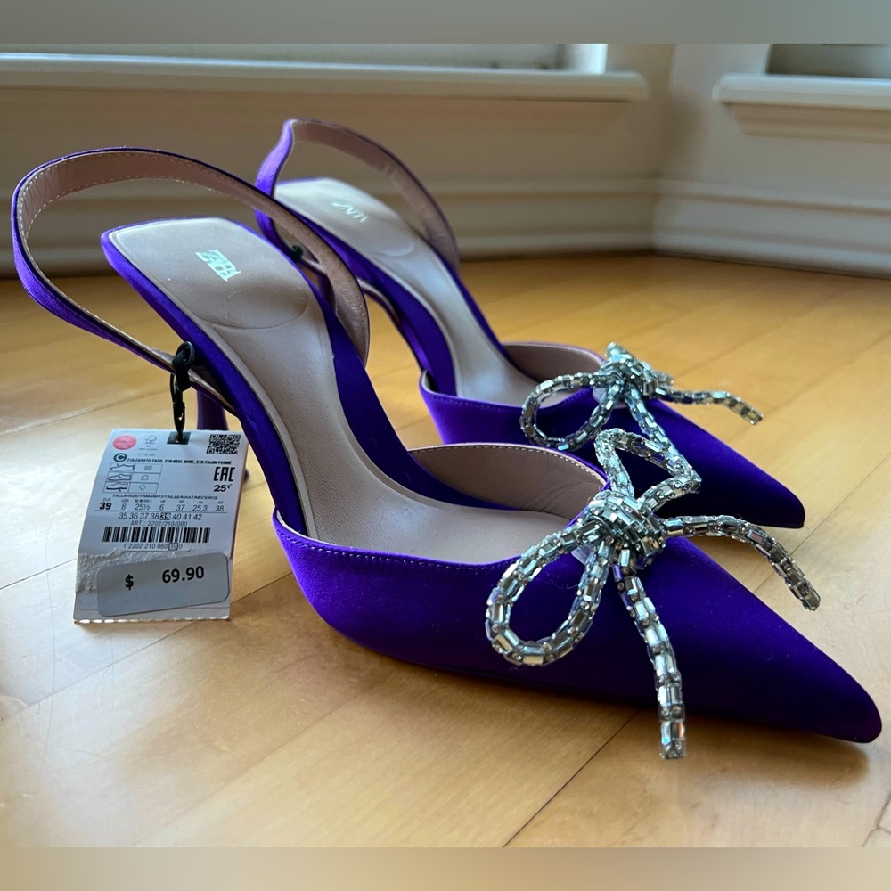 Zara purple slingback heels with bow, NWT